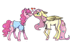 Size: 1280x883 | Tagged: safe, artist:patrickponies, fluttershy, pinkie pie, pony, g4, clothes, female, heart, lesbian, ship:flutterpie, shipping, shirt, simple background, transparent background