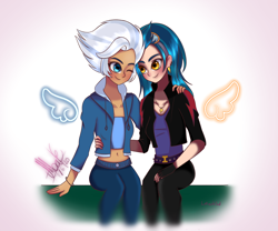 Size: 1800x1500 | Tagged: safe, artist:latashixd, indigo zap, night glider, human, g4, belly button, belt, bracelet, clothes, ear piercing, earring, female, fingerless gloves, gloves, goggles, hoodie, hug, humanized, indiglider, jacket, jeans, jewelry, lesbian, midriff, necklace, one eye closed, pants, piercing, shipping, sports bra, sweatpants, tank top, winged humanization, wings, wink