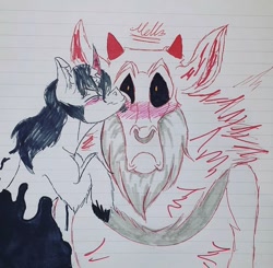 Size: 750x734 | Tagged: safe, artist:mhyyy.v, king sombra, lord tirek, centaur, pony, unicorn, g4, blushing, curved horn, cute, eyes closed, frown, gay, horn, lined paper, male, nose piercing, nose ring, piercing, septum piercing, shipping, signature, sombradorable, sombrek, stallion, tirebetes, traditional art, wide eyes