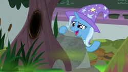 Size: 1920x1080 | Tagged: safe, screencap, trixie, pony, unicorn, a horse shoe-in, g4, season 9, cattails, clothes, female, hat, mare, reeds, solo, trixie's hat