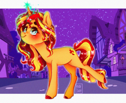 Size: 1105x905 | Tagged: safe, artist:meqiopeach, sunset shimmer, pony, unicorn, g4, anime style, blushing, colored hooves, cute, ear fluff, female, full body, horn, magic, mare, night, ponyville, raised hoof, raised leg, shimmerbetes, shiny, smiling, smiling at you, solo, sparks, tail