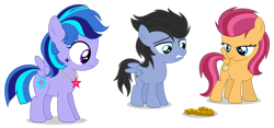 Size: 1280x598 | Tagged: safe, artist:razorbladetheunicron, oc, oc only, oc:dewdrop glisten, oc:gust clock, oc:obsidian pie, pegasus, pony, base used, colt, facial markings, female, filly, foal, gradient eyes, group, horseshoes, jewelry, male, necklace, next generation, offspring, parent:flash sentry, parent:limestone pie, parent:soarin', parent:twilight sparkle, parents:flashlight, parents:limin', simple background, transparent background, trio