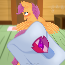 Size: 3840x3840 | Tagged: safe, artist:rise_of_evil_69, scootaloo, pegasus, pony, g4, bag, big eyes, blushing, ear fluff, ears, embarrassed, eye, faic, female, high res, looking at you, looking back, looking back at you, mare, orange body, pink mane, room, saddle bag, small wings, solo, strategically covered, wings