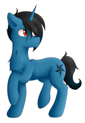 Size: 1024x1476 | Tagged: safe, artist:drarkusss0, oc, oc only, pony, unicorn, blue, dark hair, gender bend, lifting leg, simple background, solo, standing, transparent background
