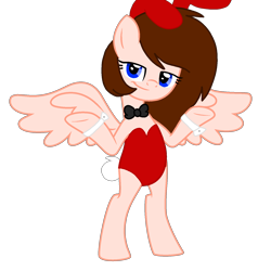Size: 1532x1612 | Tagged: safe, artist:circuspaparazzi5678, oc, oc only, oc:breanna, pegasus, pony, base used, bowtie, bunny ears, bunny suit, bunny tail, clothes, red, show accurate, simple background, smiling, smirk, solo, transparent background