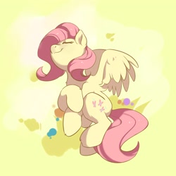 Size: 3500x3500 | Tagged: safe, artist:drtuo4, fluttershy, pegasus, pony, g4, cute, eyes closed, female, high res, mare, shyabetes, simple background, solo, yellow background