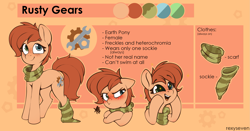 Size: 2605x1362 | Tagged: safe, artist:rexyseven, oc, oc only, oc:rusty gears, earth pony, pony, blushing, clothes, female, freckles, heterochromia, mare, reference sheet, scarf, sock, socks, solo, striped socks
