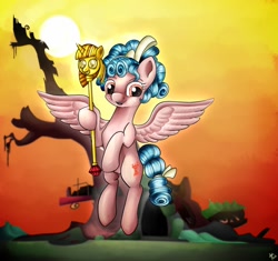 Size: 1280x1201 | Tagged: safe, artist:appleneedle, cozy glow, pegasus, pony, g4, evil, female, filly, foal, freckles, golden oaks library, pure concentrated unfiltered evil of the utmost potency, pure unfiltered evil, scepter, sky, solo, sun, twilight scepter