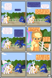 Size: 1920x2854 | Tagged: safe, artist:gutovi, applejack, fluttershy, princess celestia, princess luna, alicorn, earth pony, pony, comic:why me!?, g4, alternate ending, alternate hairstyle, applelestia, blushing, comic, ears back, female, freckles, frown, implied group sex, implied sex, implied threesome, lesbian, missing accessory, pigtails, sad, shipping, spread wings, sweet apple acres, wings