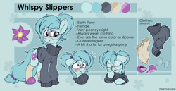 Size: 2645x1362 | Tagged: safe, artist:rexyseven, oc, oc only, oc:whispy slippers, earth pony, pony, clothes, female, glasses, mare, reference sheet, slippers, socks, solo, sweater, turtleneck