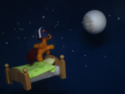 Size: 2525x1894 | Tagged: safe, alternate version, artist:malte279, part of a set, scootaloo, pegasus, pony, g4, bed, craft, dream, felting, female, folded wings, irl, moon, needle felted, night, night sky, photo, plushie, sculpture, sky, wings