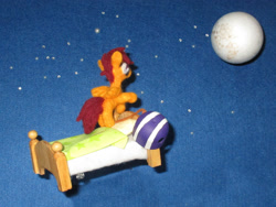 Size: 2380x1785 | Tagged: safe, alternate version, artist:malte279, part of a set, scootaloo, pegasus, pony, g4, bed, craft, dream, felting, female, folded wings, irl, moon, needle felted, night, night sky, photo, plushie, sculpture, sky, wings