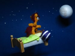 Size: 1024x768 | Tagged: safe, artist:malte279, part of a set, scootaloo, pegasus, pony, g4, bed, craft, dream, felting, female, folded wings, irl, little nemo, moon, needle felted, night, night sky, photo, plushie, sculpture, sky, wings