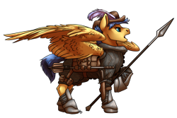 Size: 1280x854 | Tagged: safe, artist:gonedreamer, edit, flash sentry, pony, g4, armored legs, clothes, cropped, gambeson, hat, mace, male, shoes, simple background, solo, spear, transparent background, weapon