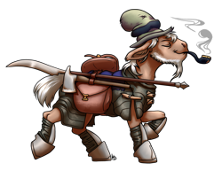 Size: 1280x988 | Tagged: safe, artist:gonedreamer, edit, mr. greenhooves, pony, armored legs, axe, bag, clothes, cropped, hat, male, pipe, scythe, shoes, simple background, smoking, solo, transparent background, weapon