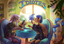 Size: 1600x1109 | Tagged: safe, artist:gonedreamer, flash sentry, mr. greenhooves, tealove, earth pony, pegasus, pony, fanfic:idiotes, g4, armchair, chair, fanfic, fanfic art, fanfic cover, food, table, tea, teapot