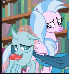Size: 330x353 | Tagged: safe, screencap, gallus, ocellus, silverstream, changeling, griffon, hippogriff, g4, what lies beneath, cropped, cute, diaocelles, diastreamies, looking at butt, looking at someone, looking down, raised hoof