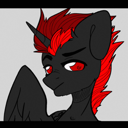 Size: 2000x2000 | Tagged: safe, artist:etoz, oc, oc only, oc:dark star, alicorn, pony, alicorn oc, eyebrows, high res, horn, letterboxing, male, male alicorn oc, red and black oc, red eyes, request, requested art, simple background, sketch, stallion, wings