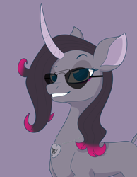 Size: 7000x9000 | Tagged: safe, artist:imposter dude, oleander (tfh), classical unicorn, pony, unicorn, them's fightin' herds, community related, female, grin, horn, jewelry, leonine tail, necklace, simple background, smiling, smiling at you, solo, sunglasses