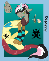 Size: 1280x1601 | Tagged: safe, artist:jackie-sheepwitch, discord, fluttershy, oc, oc:disarray, draconequus, hybrid, pegasus, pony, g4, draconequus oc, ear fluff, female, horn, interspecies offspring, male, mare, next generation, offspring, parent:discord, parent:fluttershy, parents:discoshy, reference sheet, wings