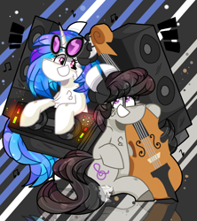 Size: 2400x2700 | Tagged: safe, artist:jxst-starly, dj pon-3, octavia melody, vinyl scratch, earth pony, pony, unicorn, g4, abstract background, cello, cheek fluff, dj table, high res, musical instrument, speaker, violin