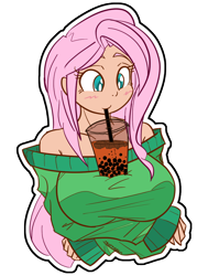 Size: 800x1060 | Tagged: safe, artist:thattagen, fluttershy, human, g4, atg 2020, between breasts, big breasts, blushing, breasts, bust, busty fluttershy, clothes, cute, drink, drinking, drinking straw, female, hands-free bubble tea challenge, humanized, newbie artist training grounds, outline, shyabetes, simple background, solo, sticker, sweater, transparent background