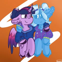 Size: 1280x1280 | Tagged: safe, artist:hoersljg, gameloft, trixie, twilight sparkle, alicorn, pony, unicorn, g4, alternate hairstyle, babysitter trixie, clothes, female, gameloft interpretation, hoodie, lesbian, ship:twixie, shipping, twilight sparkle (alicorn)