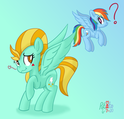 Size: 1557x1500 | Tagged: safe, artist:notadeliciouspotato, lightning dust, rainbow dash, pegasus, pony, g4, atg 2020, confused, female, flying, frown, gradient background, heart, lesbian, looking back, mare, newbie artist training grounds, question mark, raised hoof, shadow, ship:rainbowdust, shipping, signature, spread wings, wavy mouth, wings