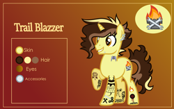 Size: 3999x2507 | Tagged: safe, artist:n0kkun, oc, oc only, oc:trail blazer (ice1517), pony, unicorn, commission, ear piercing, earring, eyebrows, gradient background, grin, high res, jewelry, lip piercing, male, multicolored hair, piercing, raised hoof, reference sheet, smiling, solo, stallion, tattoo