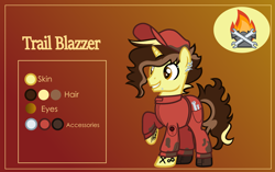 Size: 3001x1881 | Tagged: safe, alternate version, artist:n0kkun, oc, oc only, oc:trail blazer (ice1517), pony, unicorn, boots, clothes, commission, ear piercing, earring, eyebrows, gradient background, grin, hat, jewelry, jumpsuit, lip piercing, male, mechanic, multicolored hair, oil, piercing, raised hoof, reference sheet, shoes, smiling, solo, stallion, tattoo