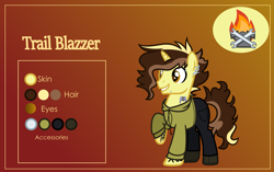 Size: 3999x2507 | Tagged: safe, alternate version, artist:n0kkun, oc, oc only, oc:trail blazer (ice1517), pony, unicorn, boots, clothes, commission, ear piercing, earring, eyebrows, gradient background, grin, high res, hoodie, jeans, jewelry, lip piercing, male, multicolored hair, pants, piercing, raised hoof, reference sheet, shoes, smiling, solo, stallion, tattoo