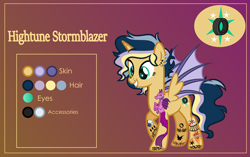 Size: 3999x2507 | Tagged: safe, artist:n0kkun, oc, oc only, oc:hightune stormblazer, alicorn, bat pony, bat pony alicorn, pony, icey-verse, alicorn oc, bat pony oc, bat wings, commission, ear piercing, earring, female, gradient background, grin, high res, horn, jewelry, lip piercing, mare, multicolored hair, nose piercing, offspring, parent:oc:elizabat stormfeather, parent:oc:trail blazer (ice1517), parents:elizablazer, parents:oc x oc, piercing, raised hoof, reference sheet, smiling, solo, tattoo, wings
