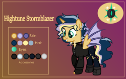 Size: 3999x2507 | Tagged: safe, alternate version, artist:n0kkun, oc, oc only, oc:hightune stormblazer, alicorn, bat pony, bat pony alicorn, pony, icey-verse, alicorn oc, bat pony oc, bat wings, boots, choker, clothes, commission, ear piercing, earring, female, fingerless gloves, gloves, gradient background, grin, high res, horn, jacket, jeans, jewelry, leather jacket, lip piercing, mare, multicolored hair, nose piercing, offspring, pants, parent:oc:elizabat stormfeather, parent:oc:trail blazer (ice1517), parents:elizablazer, parents:oc x oc, piercing, raised hoof, reference sheet, shoes, smiling, solo, tattoo, torn clothes, wings