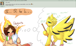 Size: 1158x702 | Tagged: safe, artist:ask-pony-gerita, moltres, pony, zapdos, ask, broom, daydream, eyes closed, hetalia, housewife, italy, male, pokémon, ponified, smiling