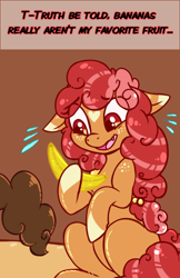 Size: 378x585 | Tagged: safe, artist:esmeia, oc, oc:cinnamon crisp, earth pony, pony, banana, colored hooves, earth pony oc, female, food, freckles, hoof hold, mare, offscreen character, open mouth, smiling, sweat