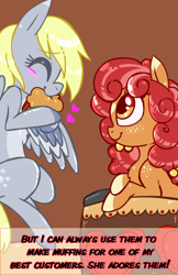 Size: 378x585 | Tagged: safe, artist:esmeia, derpy hooves, oc, oc:cinnamon crisp, earth pony, pegasus, pony, g4, blushing, colored hooves, earth pony oc, eating, eyes closed, female, food, freckles, heart, mare, muffin, smiling