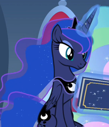 Size: 548x636 | Tagged: safe, screencap, princess luna, alicorn, pony, g4, memories and more, my little pony: friendship is forever, book, canterlot, concave belly, cropped, crown, cute, female, folded wings, glowing horn, horn, jewelry, lunabetes, magic, mare, offscreen character, peytral, regalia, sitting, slender, telekinesis, thin, throne, throne room, wings