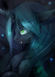 Size: 1000x1400 | Tagged: safe, artist:lostdreamm, queen chrysalis, changeling, changeling queen, g4, bust, fangs, female, floppy ears, green eyes, looking up, profile, signature, solo
