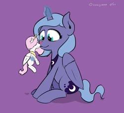 Size: 1647x1506 | Tagged: safe, artist:soccy, princess celestia, princess luna, g4, blushing, crush plush, cute, female, filly, heart, implied lesbian, implied princest, implied shipping, magic, plushie, simple background, woona, younger