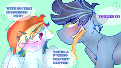 Size: 2560x1440 | Tagged: safe, artist:shinningblossom12, oc, oc only, oc:fairy glitter, oc:rainbow sky, earth pony, pegasus, pony, blushing, bust, chest fluff, dialogue, disgusted, duo, earth pony oc, female, forked tongue, long tongue, male, mare, not rainbow dash, pegasus oc, stallion, tongue out, wings