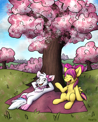 Size: 2000x2500 | Tagged: safe, artist:moemneop, oc, oc:akemi, oc:shimmer rose, cat, pegasus, pony, bow, cherry blossoms, female, flower, flower blossom, furry, hair bow, high res, mare, tree