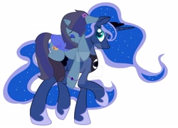 Size: 1600x1151 | Tagged: safe, artist:savannah-london, princess luna, oc, oc:savannah london, alicorn, pony, unicorn, g4, alternate universe, artificial wings, augmented, base used, bisexual pride flag, bracelet, canon x oc, clothes, crown, cute, deviantart watermark, female, flower, flower in hair, hoof shoes, implied lesbian, jewelry, lesbian, magic, magic wings, necklace, obtrusive watermark, paint palette, ponies riding ponies, pride, pride flag, regalia, riding, shoes, simple background, sleeping, sparkly mane, watermark, white background, wings