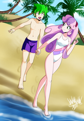 Size: 3120x4500 | Tagged: safe, artist:danmakuman, spike, sweetie belle, human, g4, barefoot, beach, clothes, commission, cute, diasweetes, feet, female, humanized, male, one-piece swimsuit, sand, ship:spikebelle, shipping, straight, swimsuit, tree, water