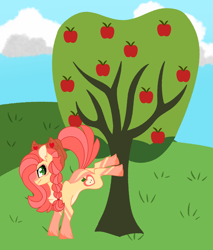 Size: 2776x3260 | Tagged: safe, artist:crazysketch101, oc, oc only, oc:fugi, earth pony, pony, apple, apple tree, applebucking, high res, solo, tree