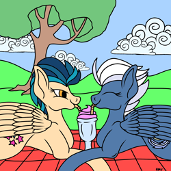 Size: 2048x2048 | Tagged: safe, artist:icicle-niceicle-1517, artist:rmv-art, color edit, edit, indigo zap, night glider, pegasus, pony, g4, alternate cutie mark, blanket, cloud, collaboration, colored, drinking, drinking straw, equestria girls ponified, eyes closed, female, food, glass, high res, indiglider, lesbian, mare, picnic, picnic blanket, ponified, sharing a drink, shipping, sky, smoothie, straw, tree