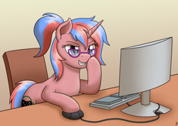 Size: 3508x2480 | Tagged: safe, artist:mkogwheel, oc, oc:bree, pony, unicorn, browsing, commission, computer, computer mouse, glasses, high res, hooves on cheeks, keyboard, smiling, smirk