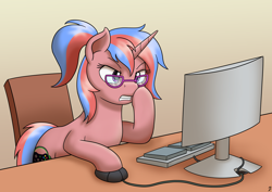 Size: 3508x2480 | Tagged: safe, artist:mkogwheel, oc, oc:bree, pony, unicorn, angry, browsing, commission, computer, computer mouse, glasses, high res, hooves on cheeks, keyboard