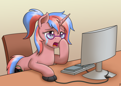 Size: 3508x2480 | Tagged: safe, artist:mkogwheel, oc, oc:bree, pony, unicorn, browsing, commission, computer, computer mouse, crying, escii keyboard, glasses, high res, hooves on cheeks, keyboard