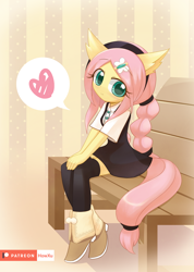 Size: 1000x1407 | Tagged: safe, artist:howxu, fluttershy, anthro, g4, alternate hairstyle, bench, cute, female, hairpin, heart, looking at you, shyabetes, sitting, solo, speech bubble
