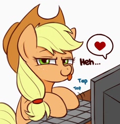 Size: 1299x1334 | Tagged: safe, artist:handgunboi, applejack, earth pony, pony, g4, :p, atg 2020, computer, cowboy hat, female, hat, heart, keyboard, looking at you, mare, newbie artist training grounds, pictogram, solo, speech bubble, table, tongue out
